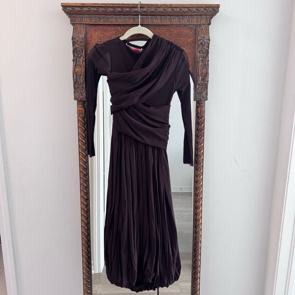 PHILOSOPHY DI LORENZO SERAFINI Draped stretch tulle dress Brown Long Sleeve US2 - Picture 3 of 10